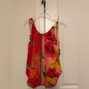 FARM RIO Multicolor Tropical/floral tie strap cami Wt Embroidery  Tassels Sz M